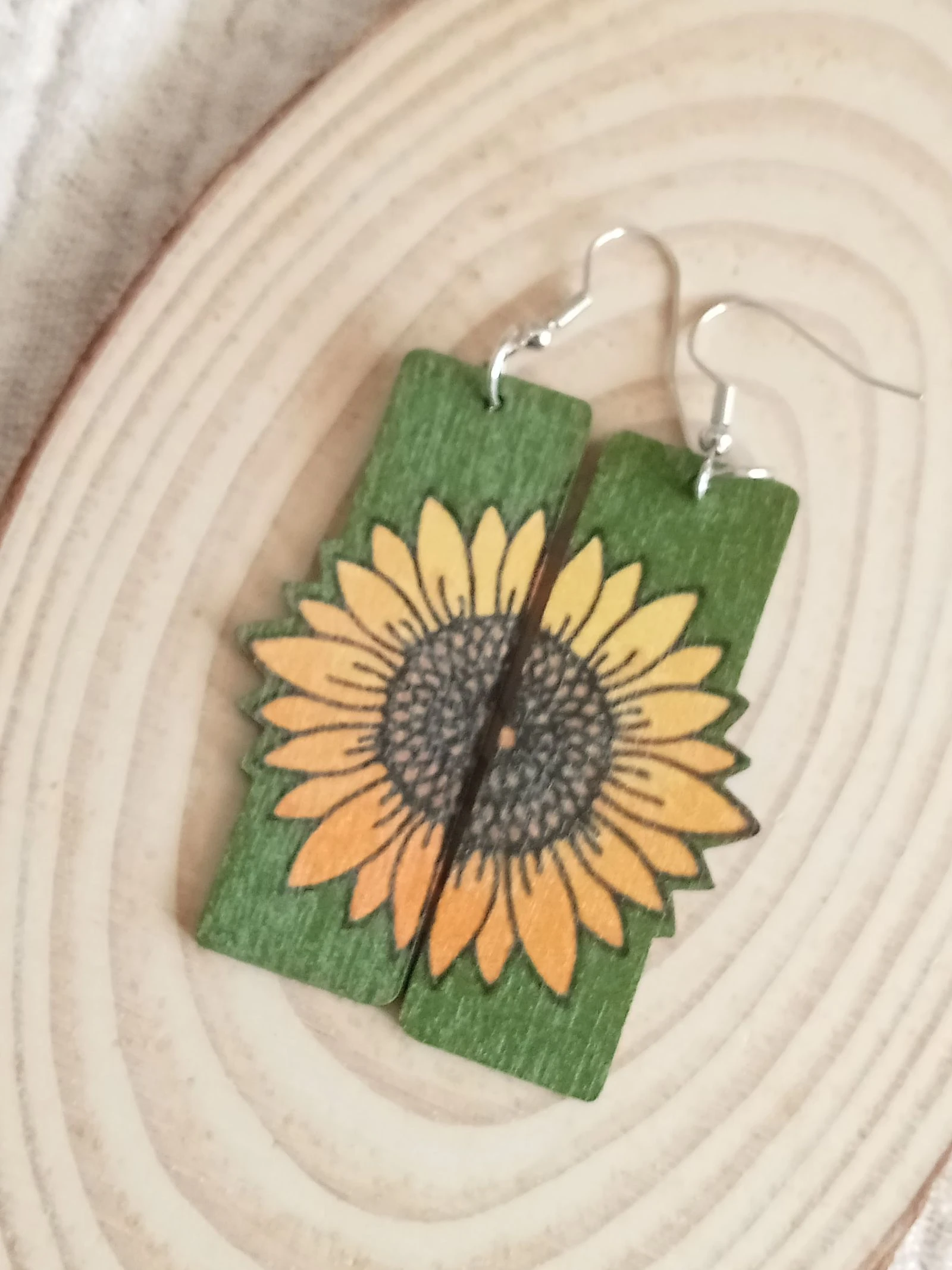 Green Sunflower wooden earrings – photo 2